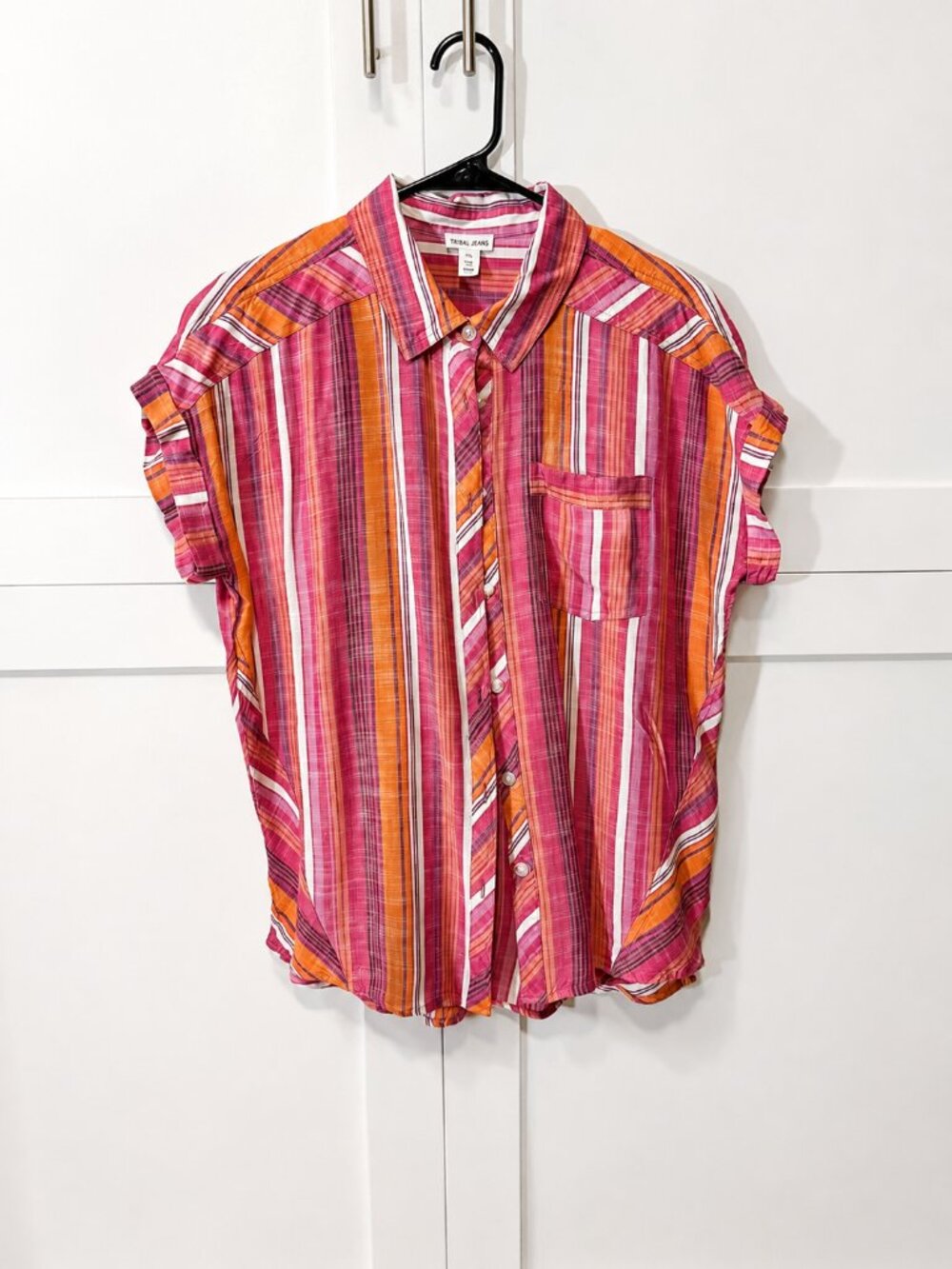 Tribal Jeans Pink & Orange Striped Button-Up Blouse – Petite Small (P/S) 🌺🧡